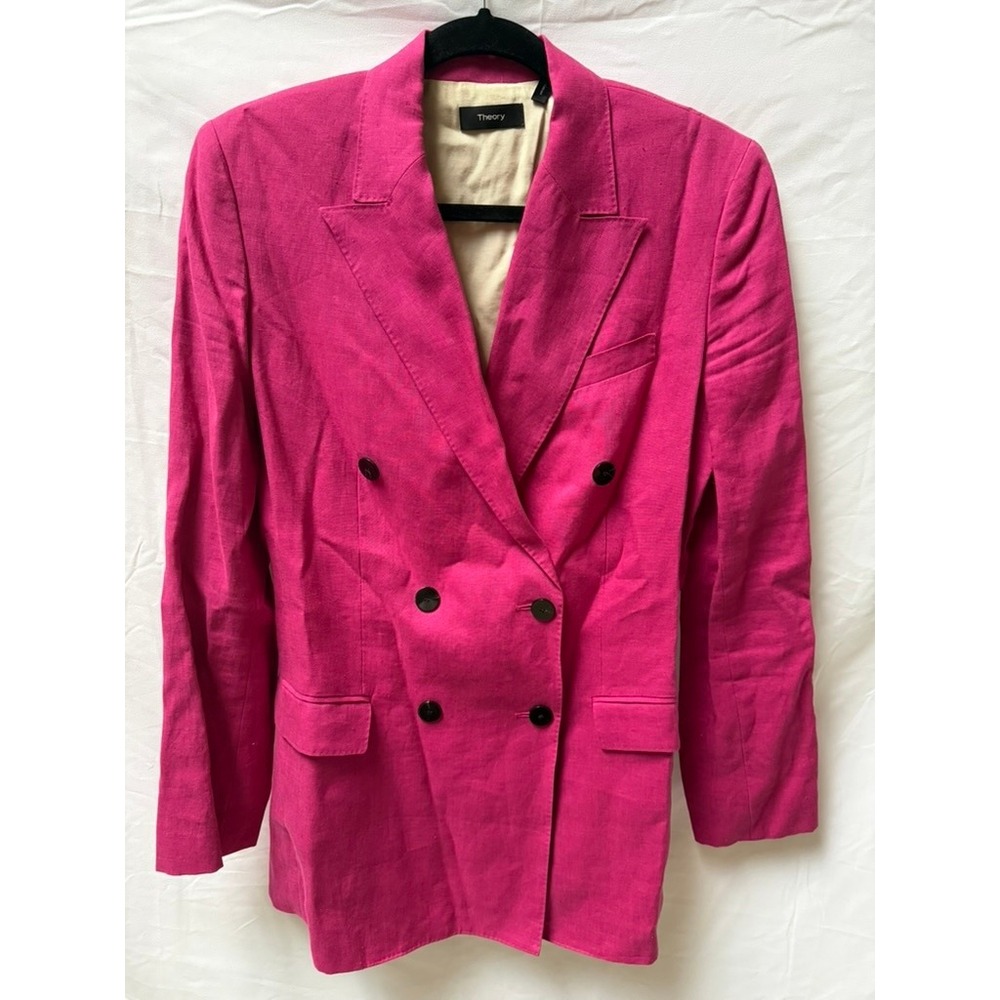 THEORY FUSCIA PINK DOUBLE BREASTED LINEN TAILORED BLAZER